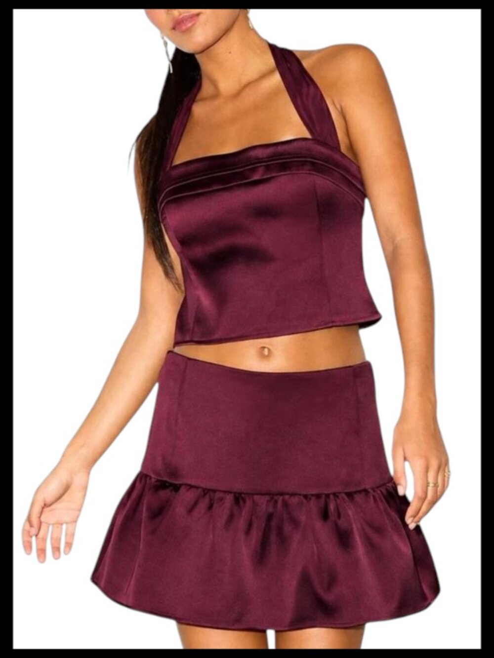 Lulus Vissera Two Piece Set Burgundy Red Wine Satin Halter Mini Skirt XS S
